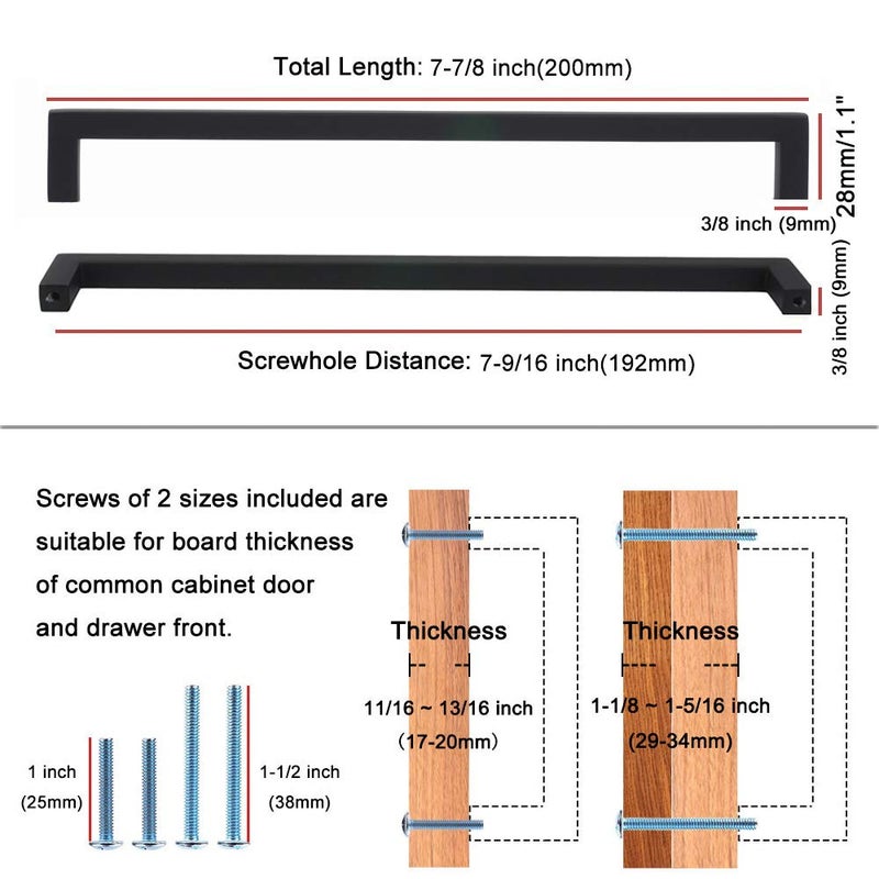 KOOFIZO Solid Square Bar Cabinet Handle - Black Furniture Pull, 7.6 Inch/192mm Screwhole Distance, 1-Piece for Kitchen Cupboard Door, Bedroom Dresser Drawer, Bathroom Wardrobe Hardware - Image 2